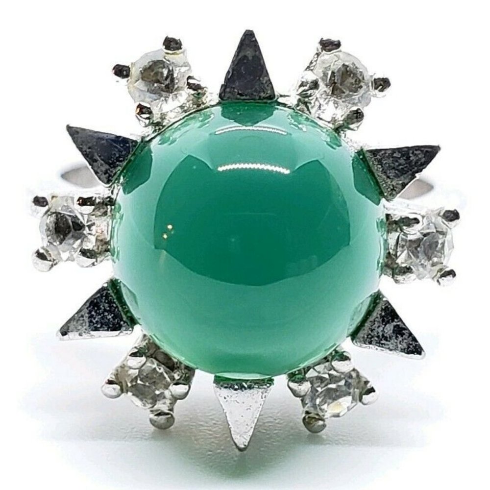 Vintage Signed 925 Sterling Silver Green Art Glass Cab & Rhinestone Size 5 Ring